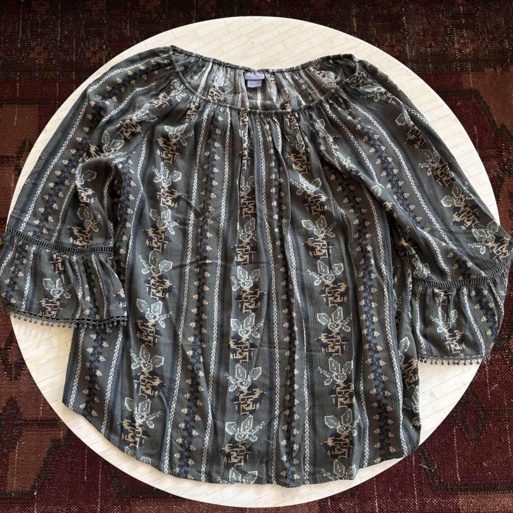 Green Paisley Floral Peasant Top Sz XL Boho Flowy Off Shoulder Tunic Laura Scott